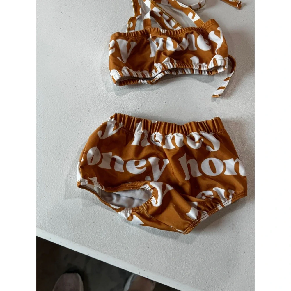 Honey Honey Kids Girls Bikini Swimsuit Set Brown White Logo Print 2T